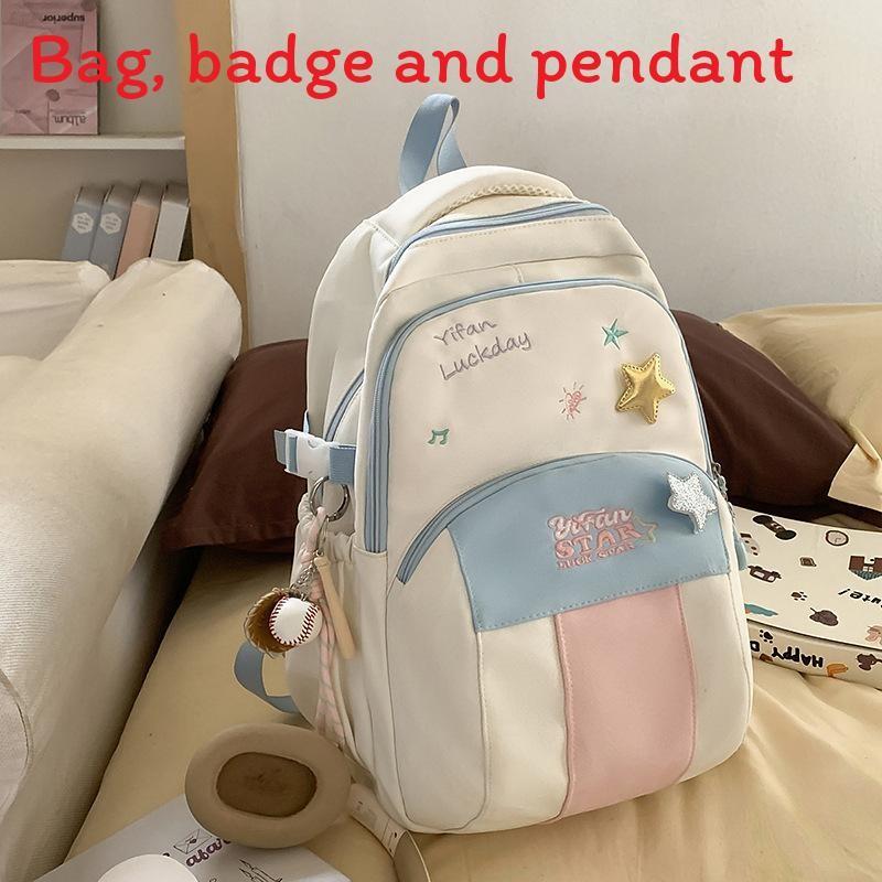 Blocked Letters Color Star Embroidery Pattern Student Backpack With Pendant