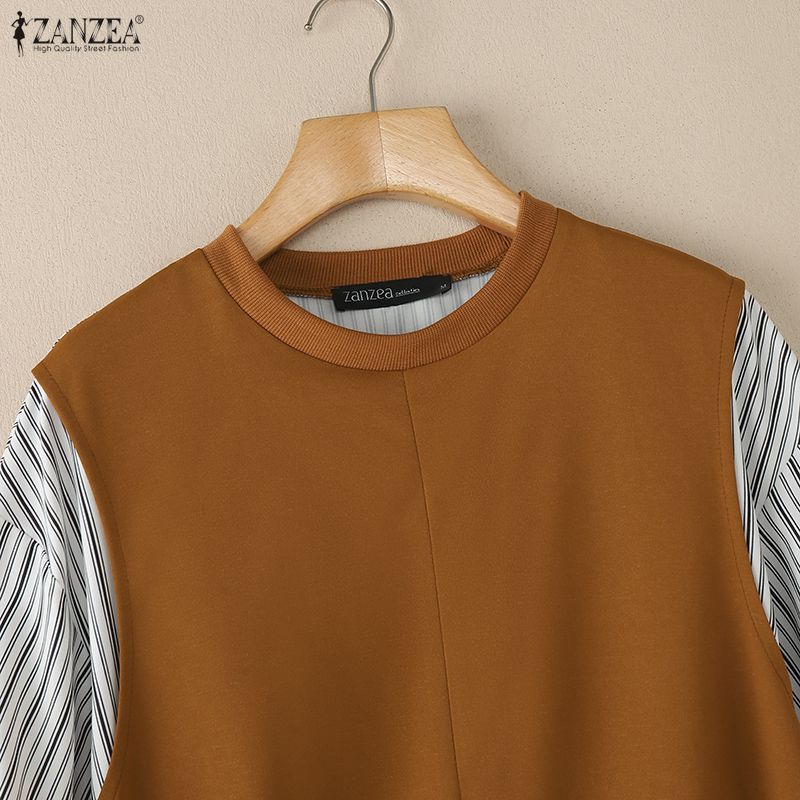 ZANZEA Women Casual Stripe Patchwork Long Sleeve Loose Pullover Blouse
