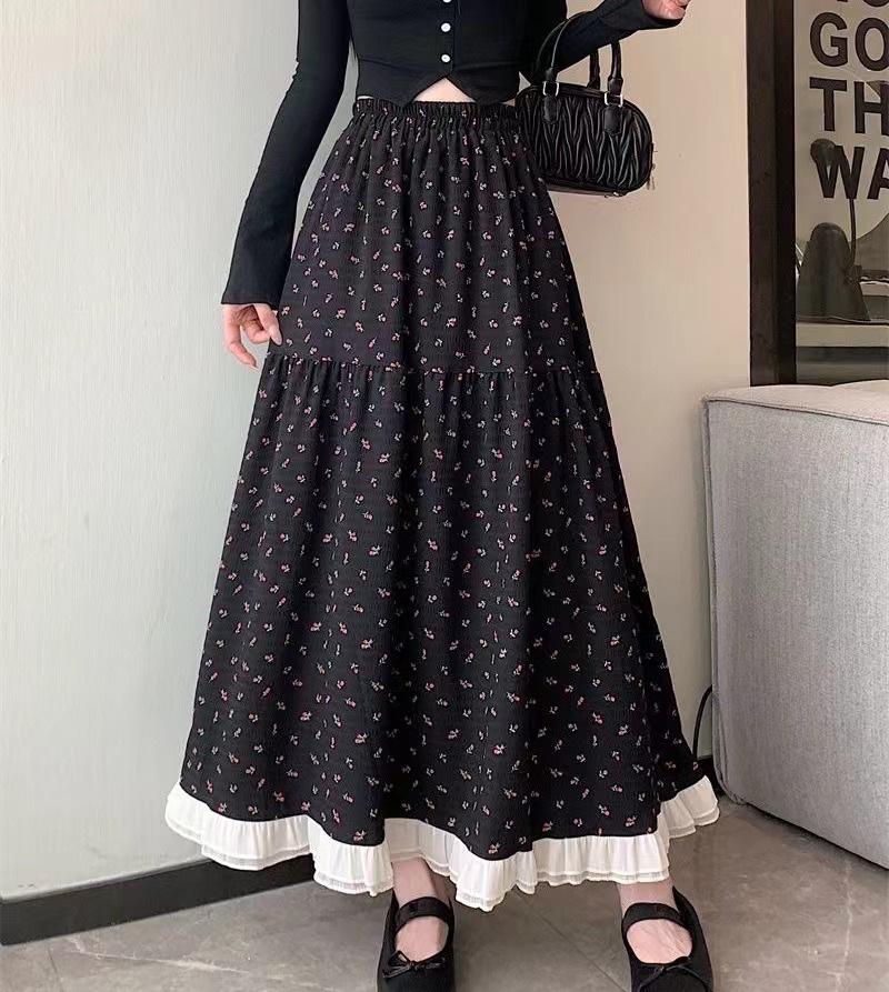 New white floral skirt high waist spring and summer medium and long design sense niche long skirt irregular fairy skirt