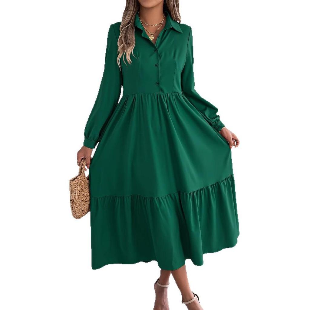 Vestido Camisa Largo Casual Holgado de Manga Larga con Cuello y Volantes para Otoño e Invierno