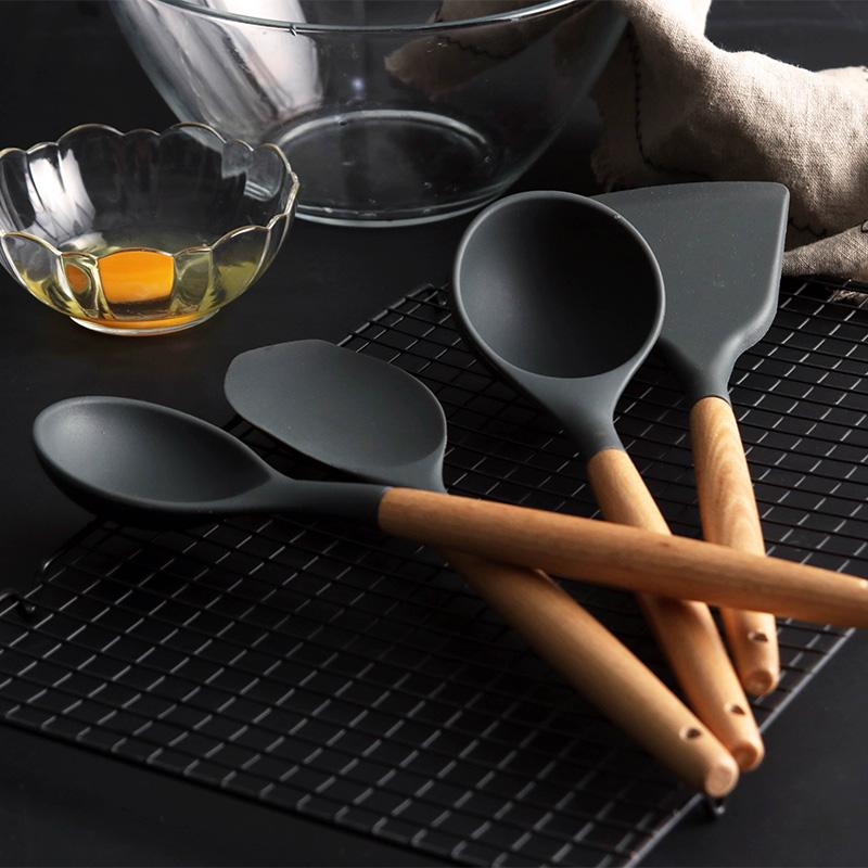 4/11/12PCS Silicone Cooking Utensils Set Non-stick Spatula Shovel Wooden Handle Cooking Tools Set with Storage Box Kitchen Tools