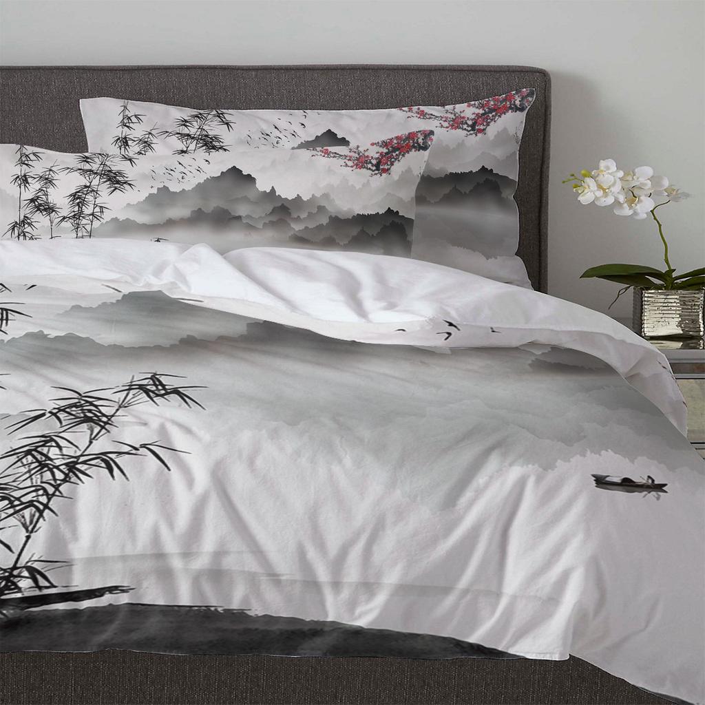 Lightweight Cozy Double Quilt Chinese Ink Landscape Painting Polyester With Pillow Case Custom 3pcs Bed Home Textile