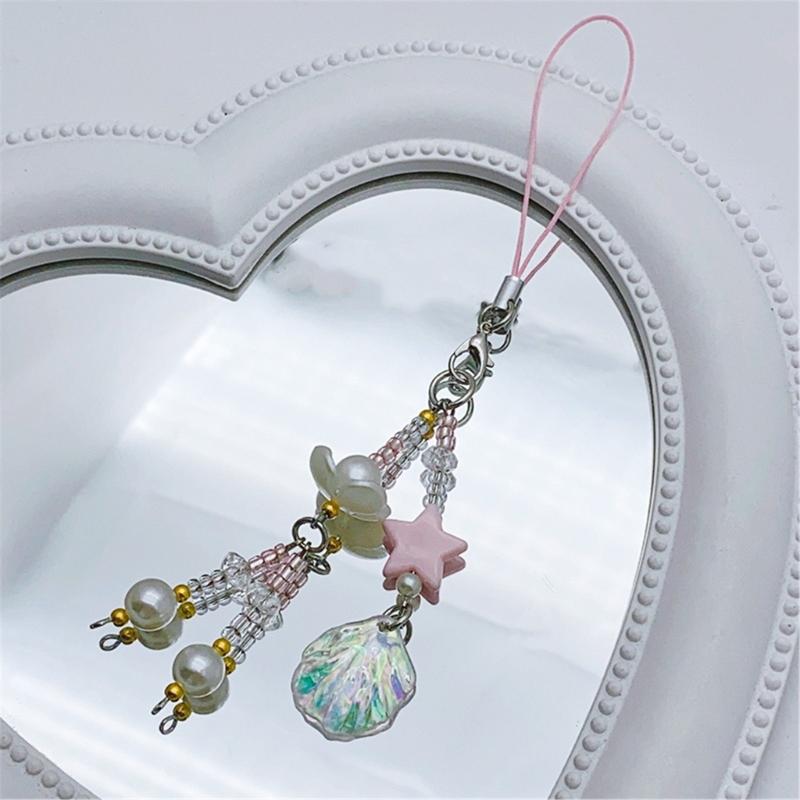 Long Tassels Phone Lanyard Stylish Beaded Wrist Strap Detachable Lasers Shells Phone Chain Keyring Portable Accessory