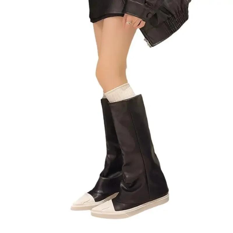 Flache Damen Stiefeletten Spitz Zehenleder Mode Winterschuhe 2025 Trend Designer Gladiator Kniehoch