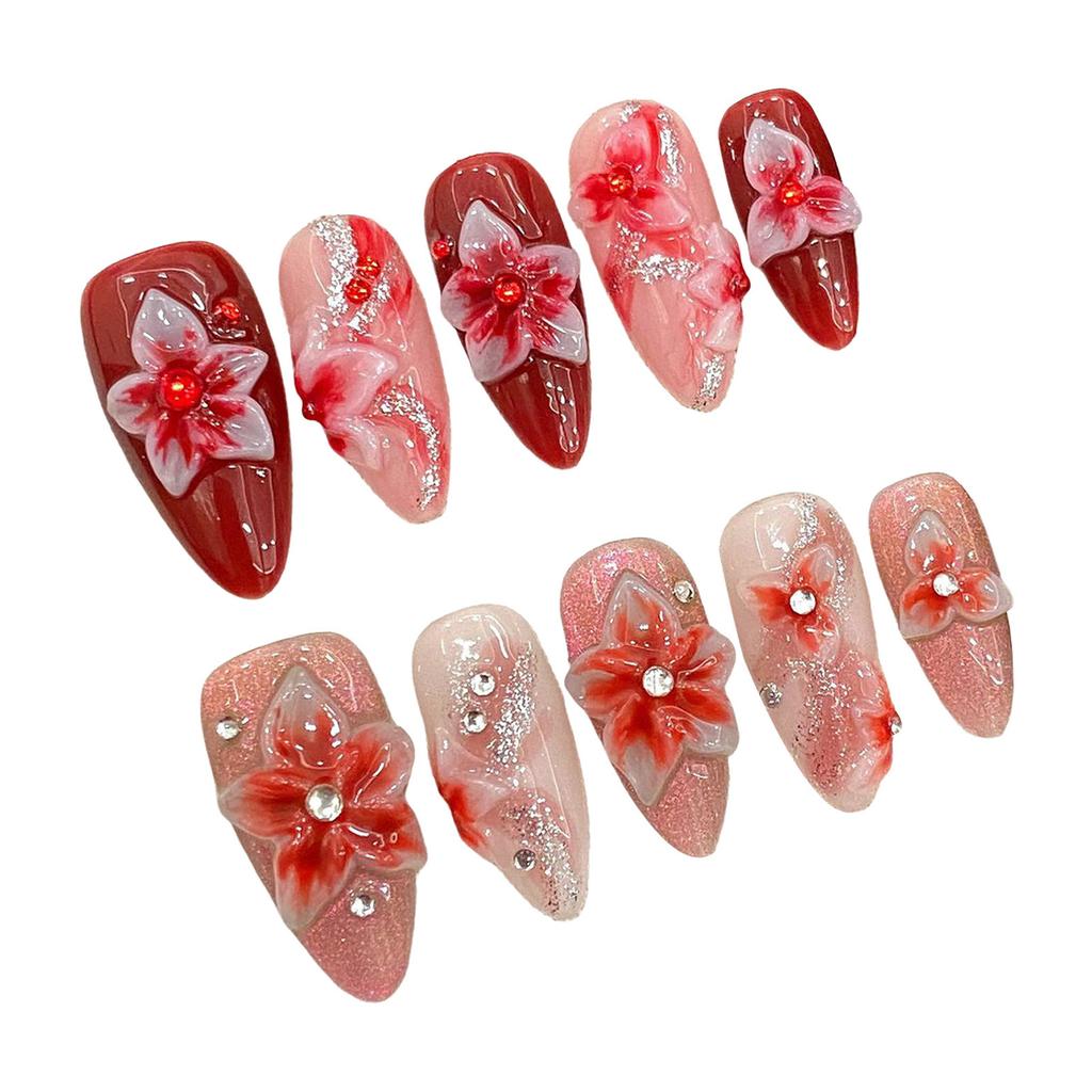 Demon Flower 3D Carving Nail Art Almond Press On Nails Wearable Fake Nails For Party Wedding