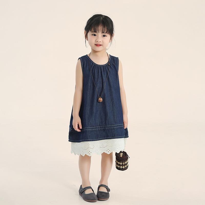 Kids Girls Korean Style Contrast Color Lace Denim A Line Dress