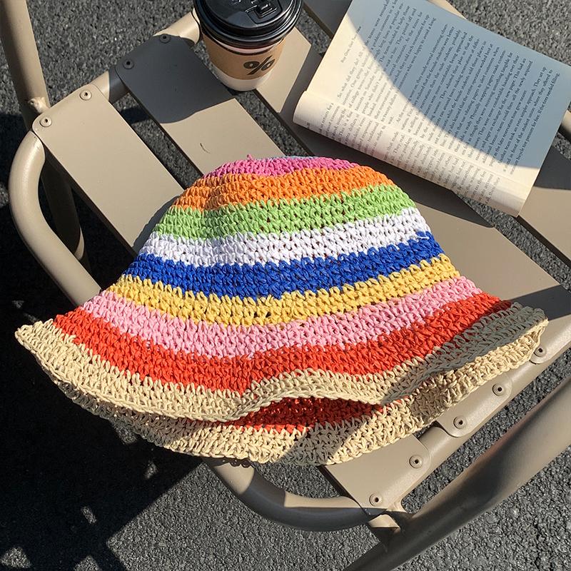 Summer Hats For Women Sun Hat Rainbow Color Straw Bucket Hat Sunscreen Outdoor Travel Beach Casual Bohemia Style 2025 New Sunhat