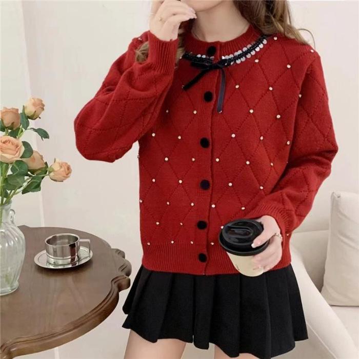 Autumn and Winter Xiaoxiangfeng Knitted Top Cardigan Sweater Fashionable Foreign Style Age-reducing Women's Clothing Bow Bead Jacket