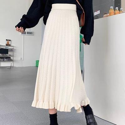 Autumn Winter Women's High Waist Knitted Wool A-Line Slim-Fitting Long Skirt For Qipao Underskirt Flared Ruffled Design