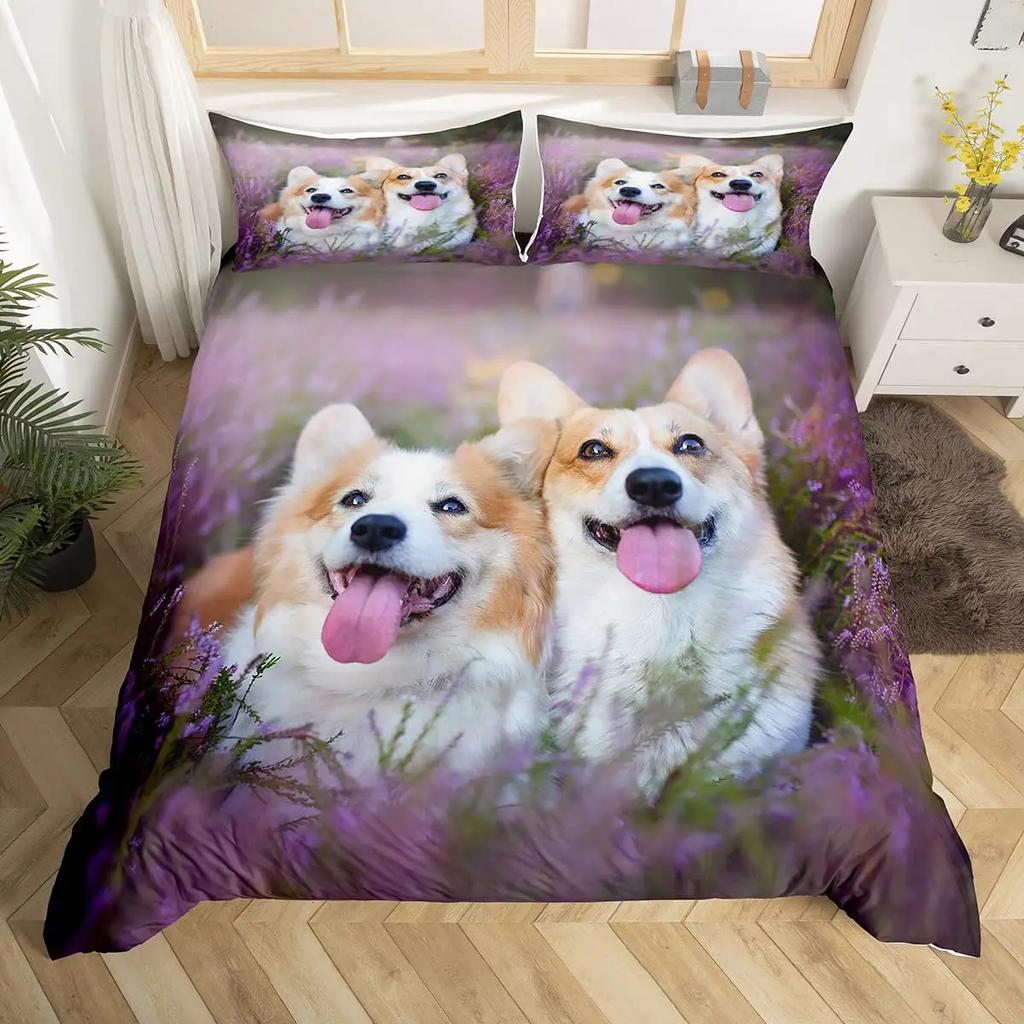 Zestaw poszewek na kołdrę z psem rasy Mops Corgi Shiba Szczeniak Poszewka na kołdrę z psem Kocham psy Zestawy pościeli Zwierzęta Kawaii Kreskówkowe narzuty Rozmiar pełny