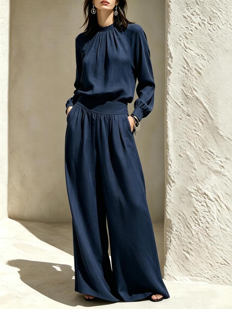 Ținută Casual High-End pentru Femei Toamna 2026: Set Top cu Guler Înalt și Pantaloni Largi