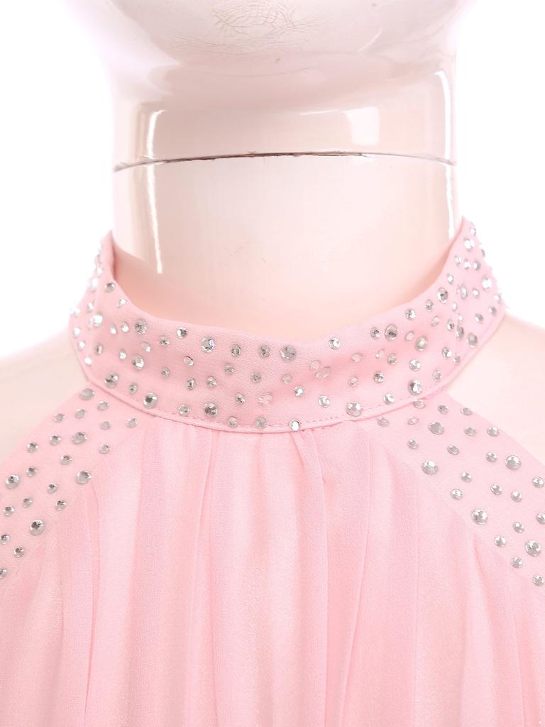 Dívčí elegantní společenské šaty Halter Odhalená ramena Dlouhý rukáv Vysoký pas Volánový nepravidelný lem Design s umělými diamanty Šaty