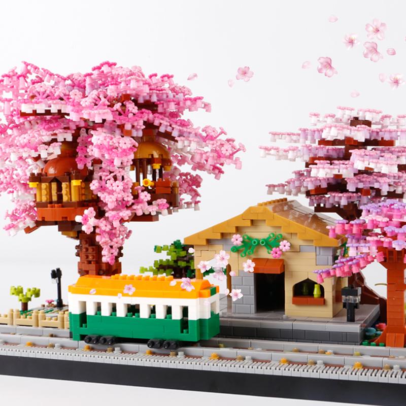 3668pcs Sakura House Tree Trains Station Building Blocks Cheer Flowers City Street View Assemble Bricks Collection Adult Toys