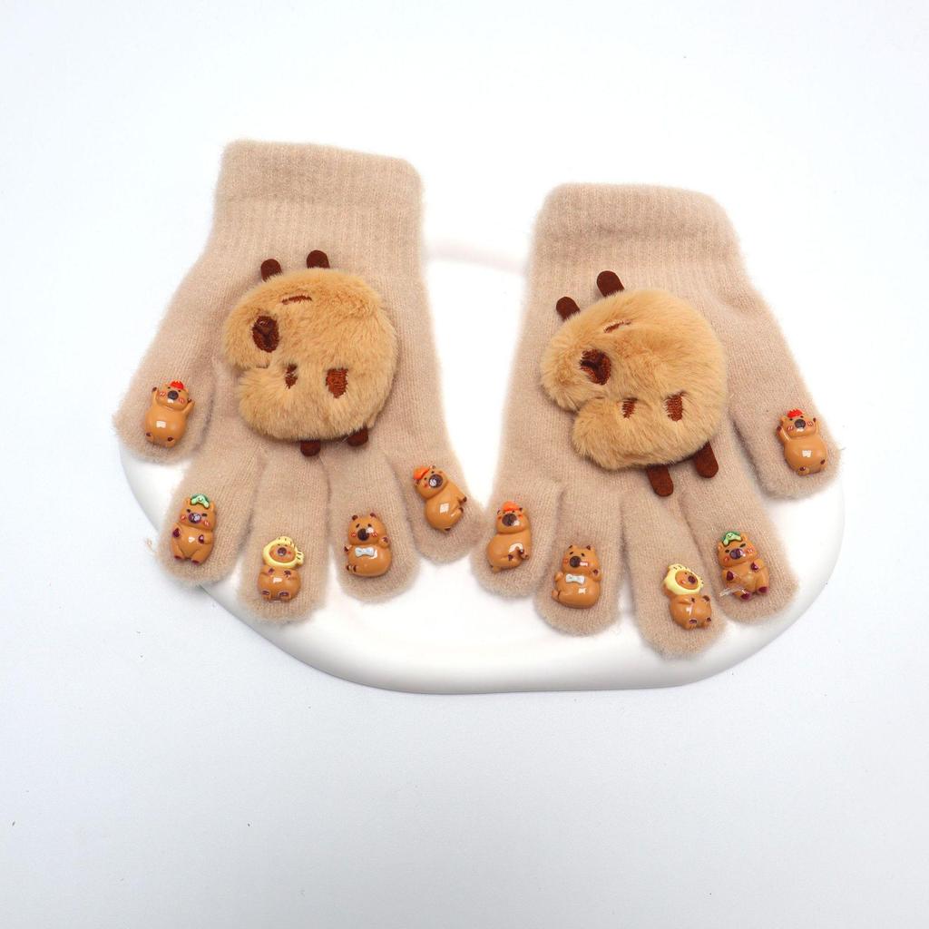 Capybara Unisex Winter Manicure Gloves for Kids - Warm Five-Finger Design