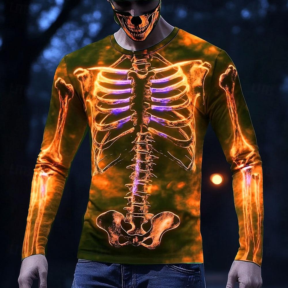 Halloween Skeleton Prints Long Sleeve T-Shirts for Men Gothic Trendy Streetwear Casual Tops Halloween Party T-shirts