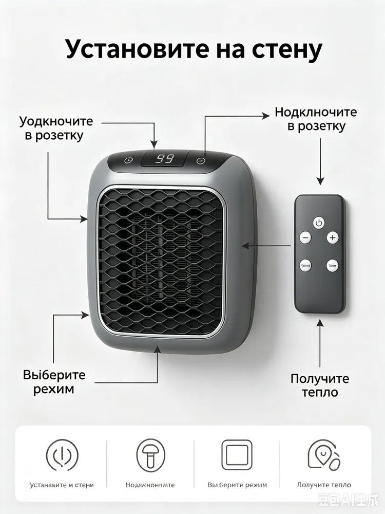 Wall mounted mini heater with remote control, compact for home and office