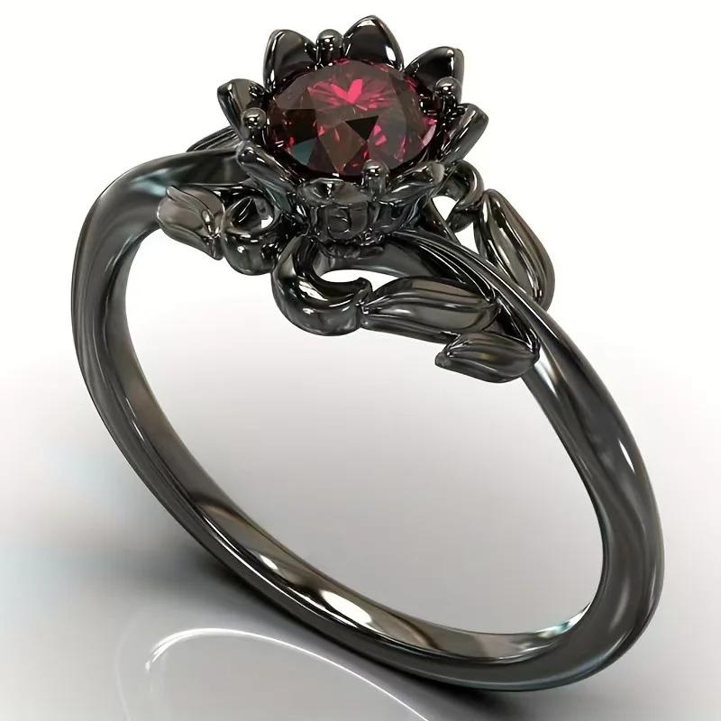 

New women s flower shape ring, electroplated gun black, hand-inlaid zircon jewelry. 8