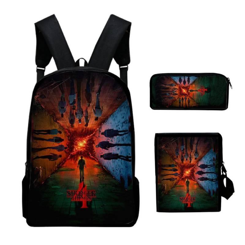 Anime Style Three-piece Backpack Set For Kids With Geometric Pattern And Pencil Case