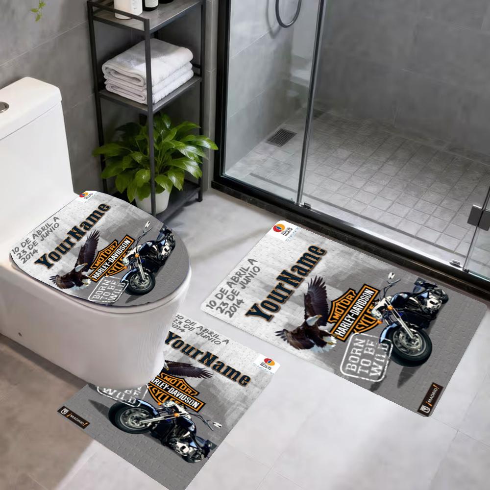 Harleydavidson Motorcycles Customize Your Name 3Pcs Bathroom Mat Set Toilet Lid Cover Ushaped Foot Mat Nonslip Floor Mat Decor For Bathroom