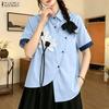 Women Casual Turn Down Collar 3D Floral Splice Loose Short Sleeve Blouse