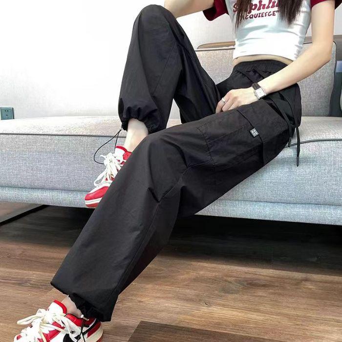 Summer ice silk quick-dry cargo pants for women, loose high-waisted drawstring jogger hiking pants, American harem sweatpants trendy for women