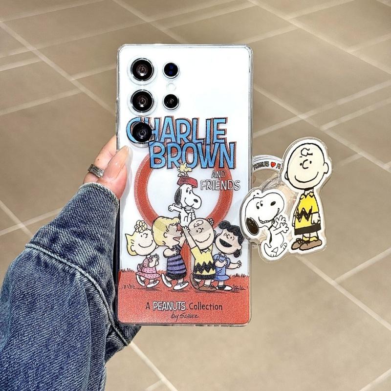 Cute Cartoon Snoopy Magsafe Wireless Charge Casefor For Samsung S22 S23 S24 S25 Ultra Plus Note10 Snoopy Charlie Magnetic Stand