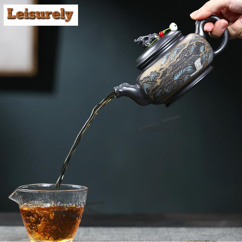 410ml Retro Yixing Lila Ton Teekannen Handgefertigter Landschaftstopf Rohmaterial Stein Gelber Schlamm Kessel Mit Sieb Chinesisches Zisha Teegeschirr