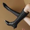 Fashion INS Brand Women's Knee High Boots Leather Sexy Point Toe 2024 Winter Shoes Black Low Heeled Long Chelsea Boot Ladies Large Size