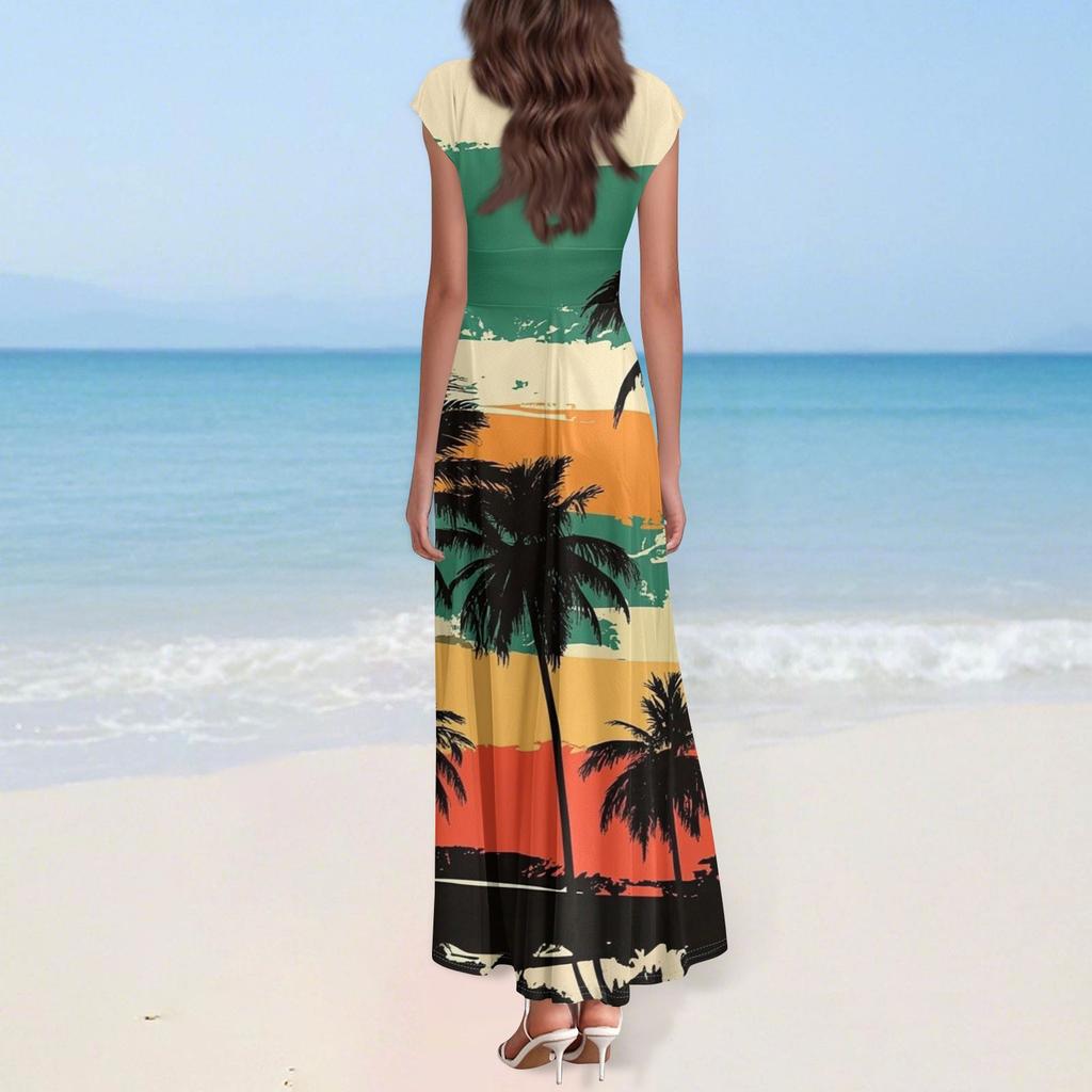 Women's Summer Casual Fashion Beach Printed Dresses V-Neck Short Sleeve Dresses
