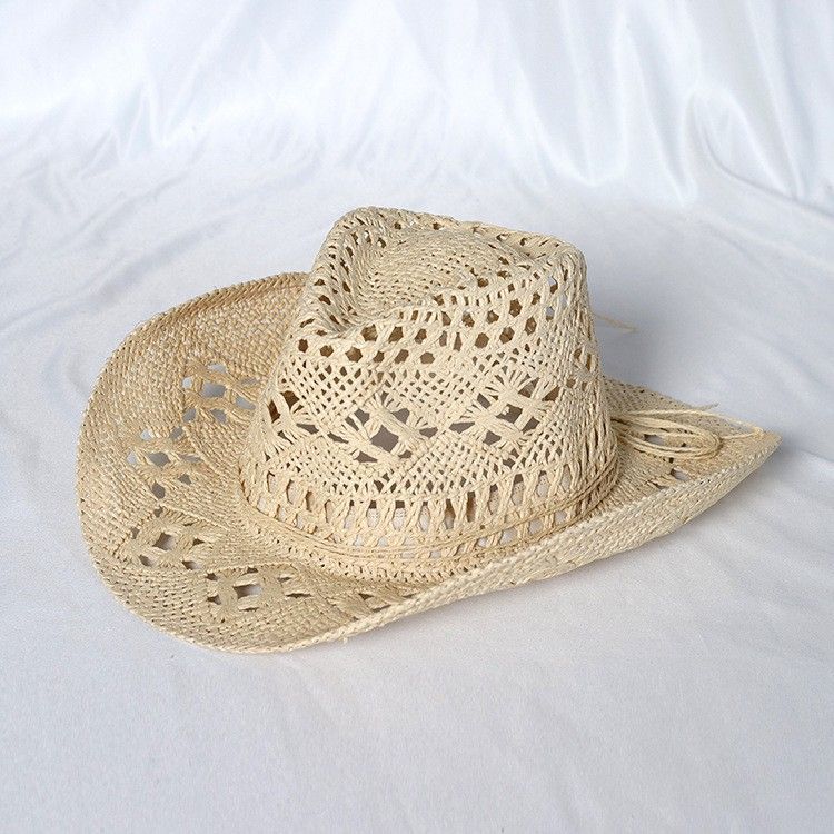 Straw Cowboy Hat for Men Women, Wide Brim Hollow Breathable Sun Protection Cap, Travel Beach Summer Hat