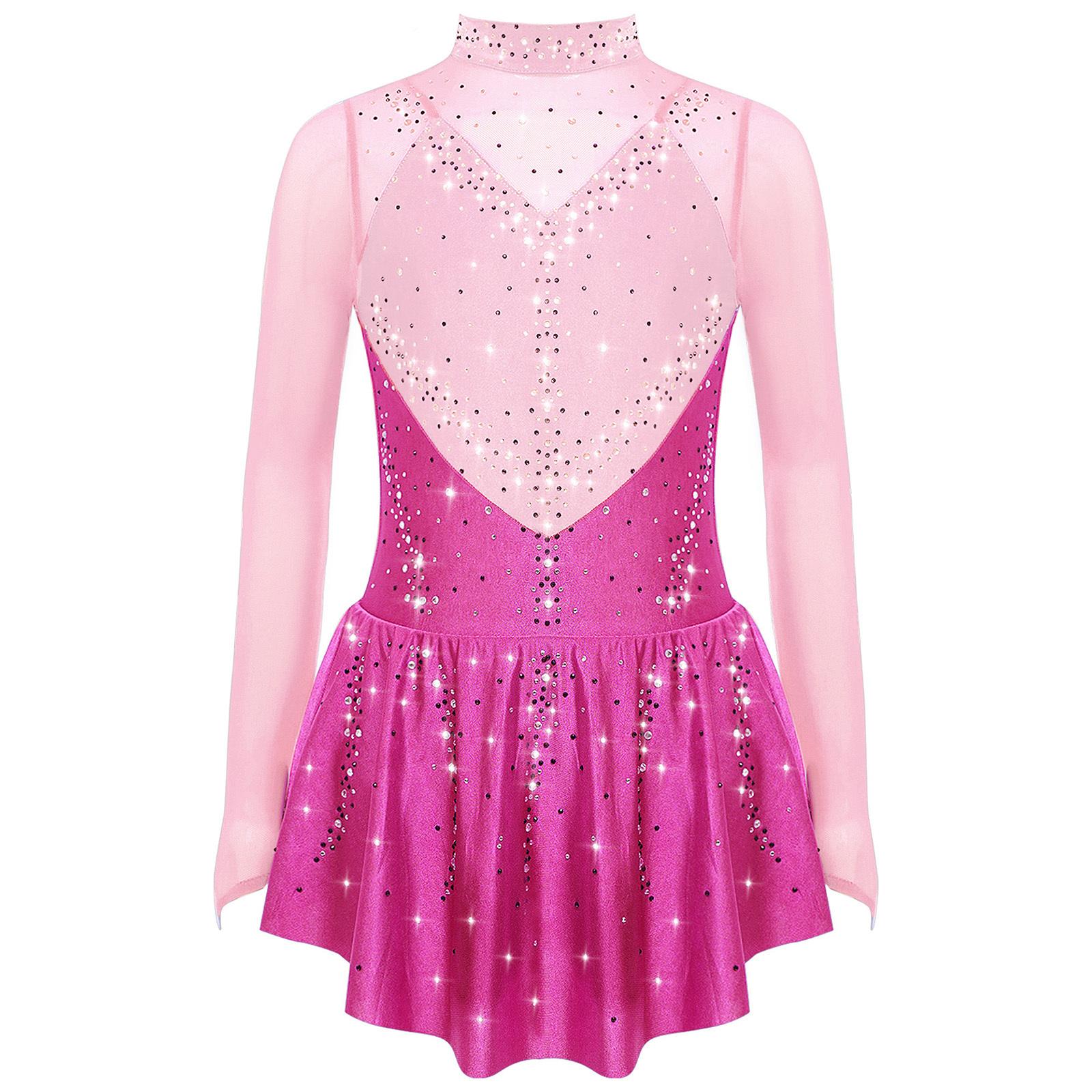 

Girls Figure Skating Dress Mock Neck Long Sleeve Color Block Sheer Mesh Patchwork Shiny Rhinestones Performance Gown 5-6 Years гарячі рожевого кольору