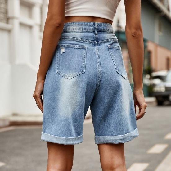 Summer Women Denim Shorts Mid Waisted Knee Length Stretchy Casual Wide Straight Leg Distressed Cuffed Jeans Short Pants with Pockets