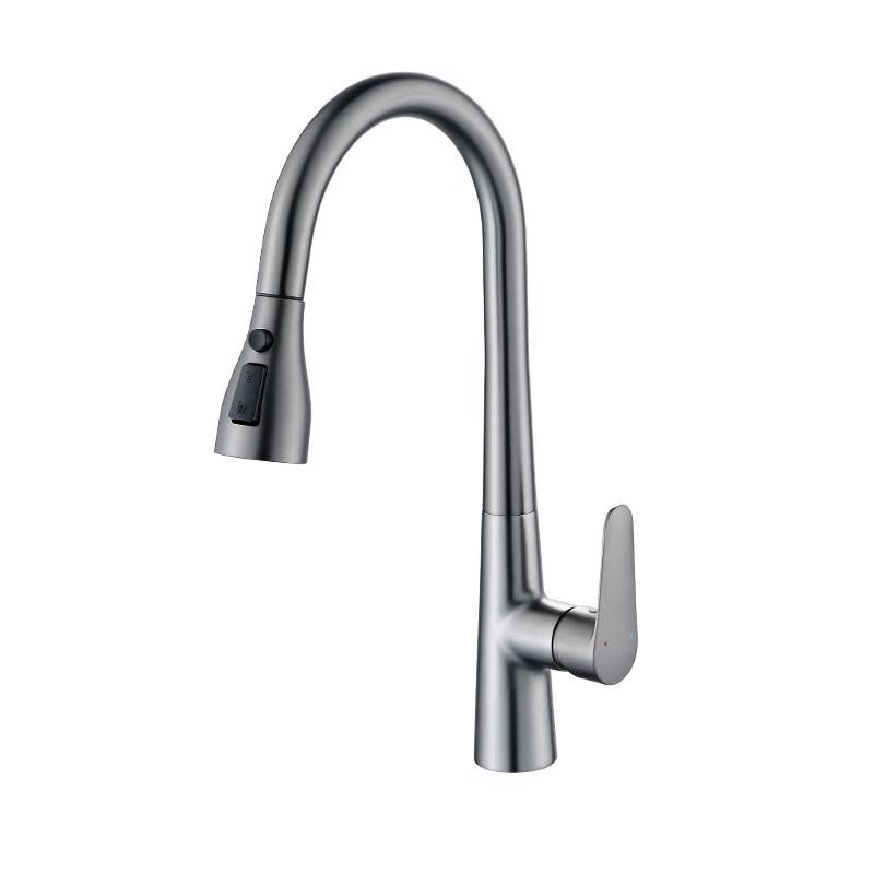 Gunmetal Gray Wall-Mounted Stainless Steel Pull-Out Kitchen Faucet
