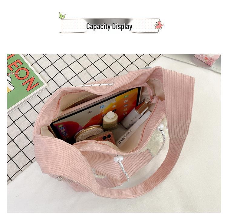 Bolsa Tote Feminina de Veludo Cotelê de Grande Capacidade com Design de Pentagrama - Transversal e Ombro Único