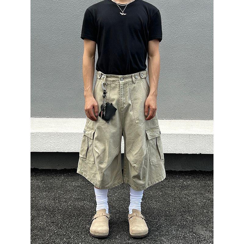 Blaexit American Vintage Black Workwear Capri Pants Multi-Pocket Shorts Casual Loose Wide-Leg Cargo Pants