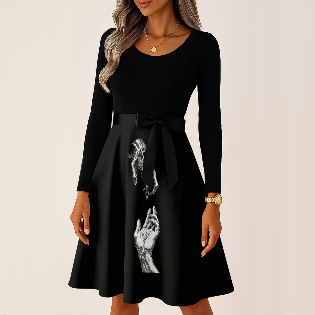 Women's Casual Long Sleeve Halloween Print Vintage Dress Round Neck A-Line Fit and Flare Midi Dress with Bowknot Waist