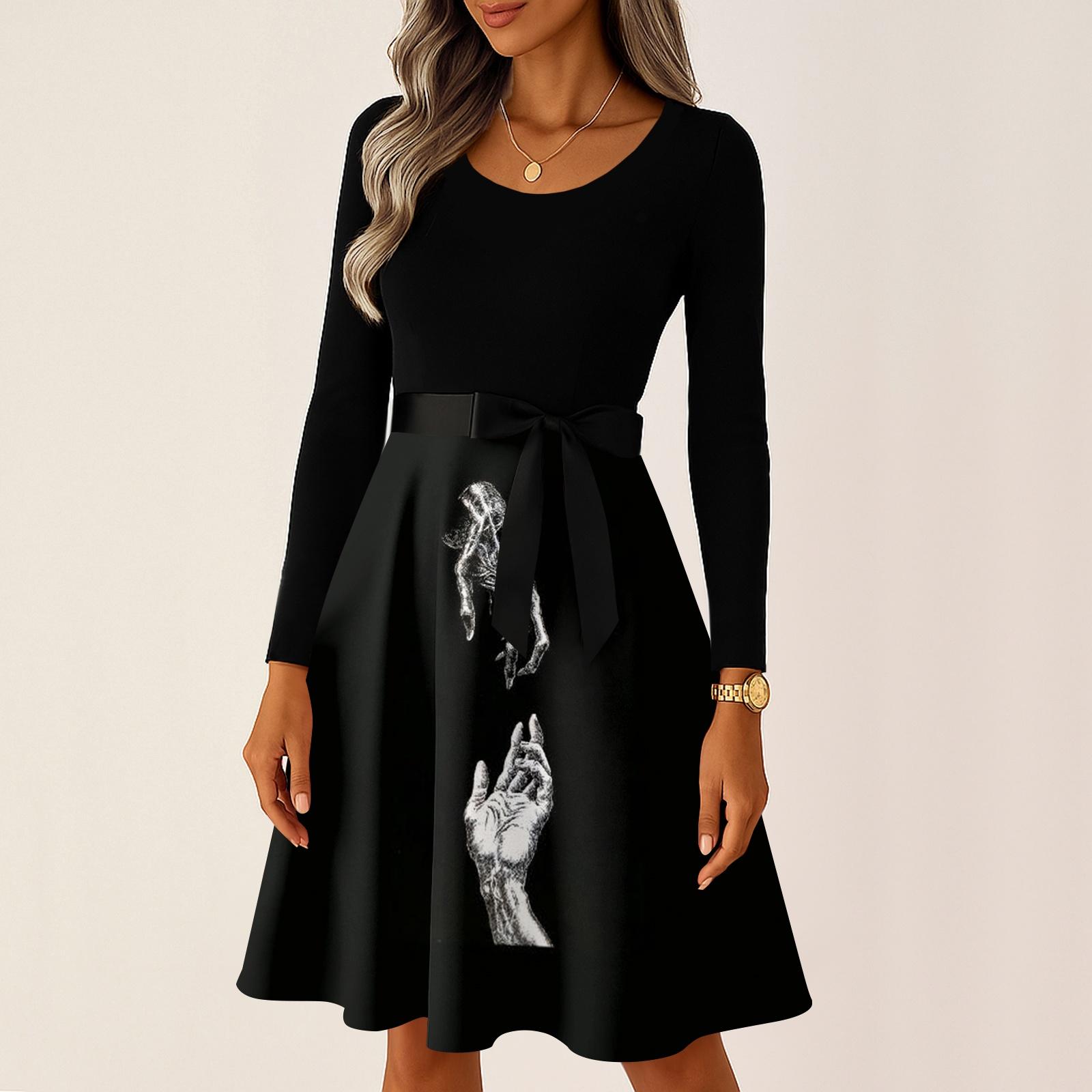 Women s Casual Long Sleeve Halloween Print Vintage Dress Round Neck A-Line Fit and Flare Midi Dress with Bowknot Waist L чёрный