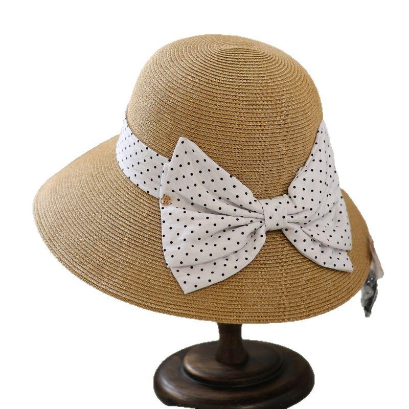 Hepburn style polka dot bow big brim straw hat elegant retro fashion spring and summer sun protection beach bucket hat