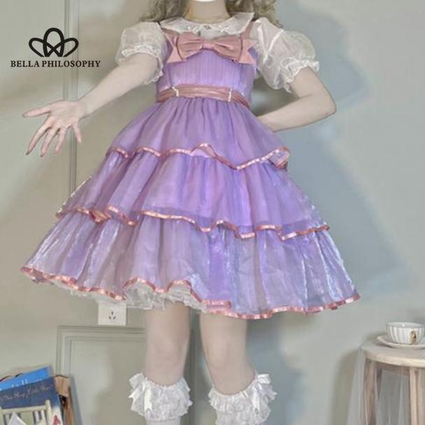 Lolita Guardian Sweetheart Bow Cake Dress Słodka JK Pończoch Drukuj Siatka Bufiasta sukienka księżniczki Kobieta