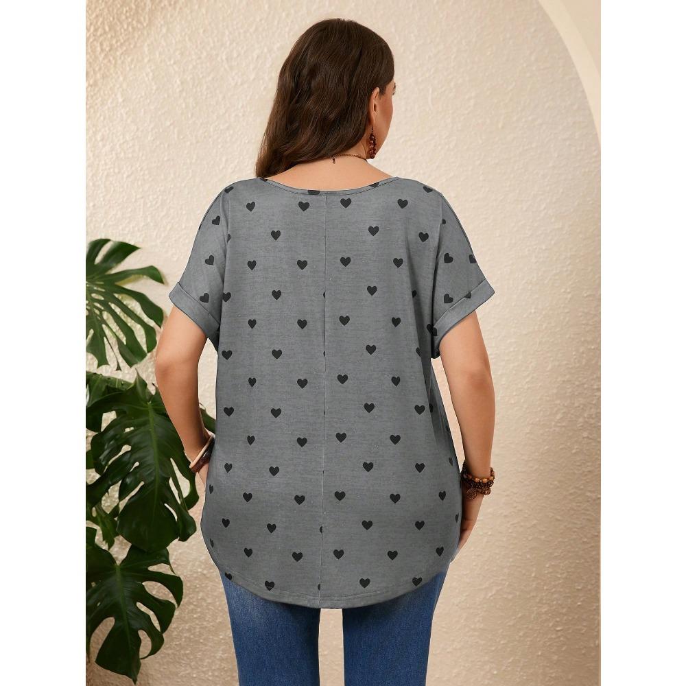 Plus Size Heart Design Pattern Printed T-shirts Summer Fashionable High Quality Short Sleeved Casual Sports V-Neck Pullover Tops