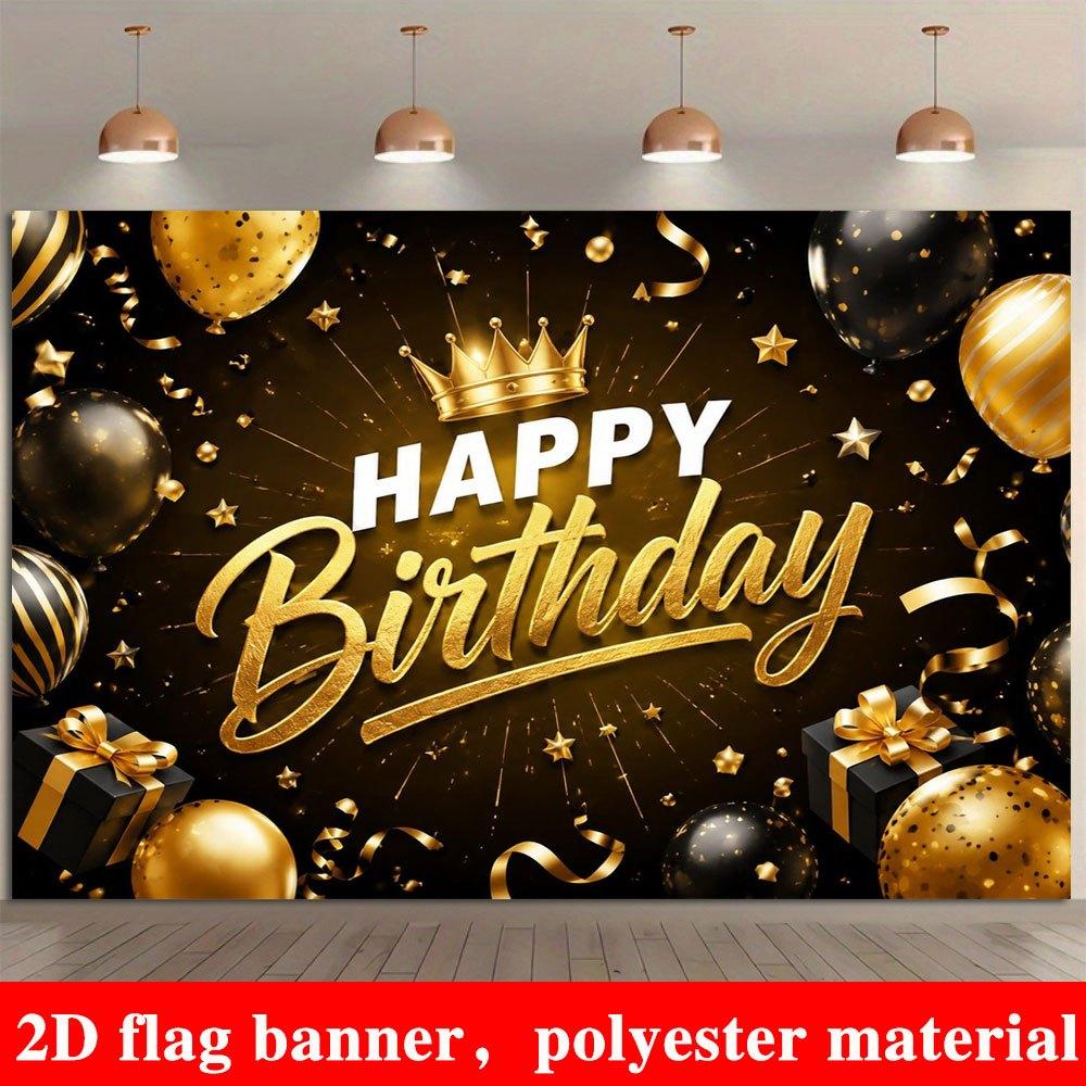 2D Flat Banner, Black and Golden Backdrop, Crowns, Balloons, Gift Boxes, Stars, Birthday Wedding Decoration