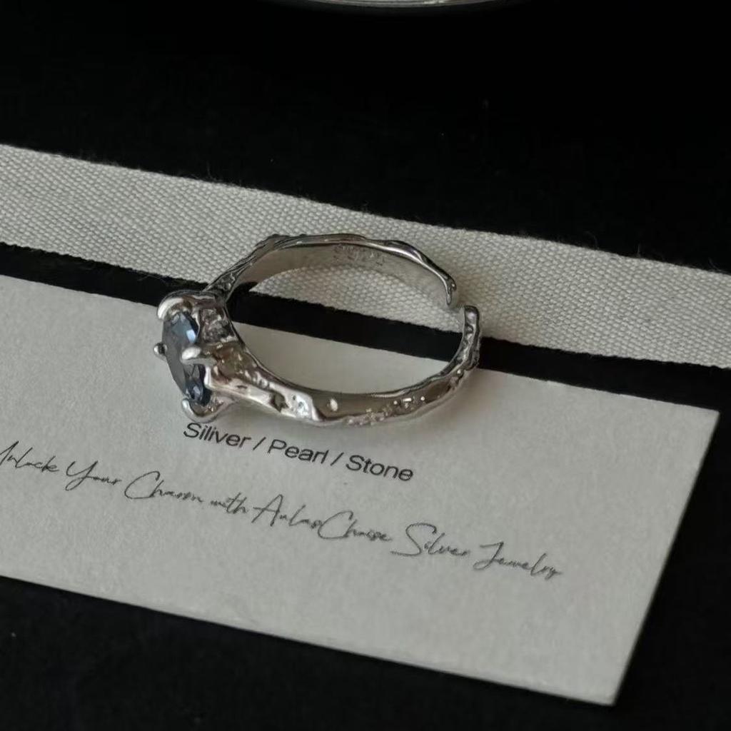 925 Sterling Silver Rings For Women Geometric Fine Jewelry Finger Adjustable Blue Stone Ring For Party Birthday Gift