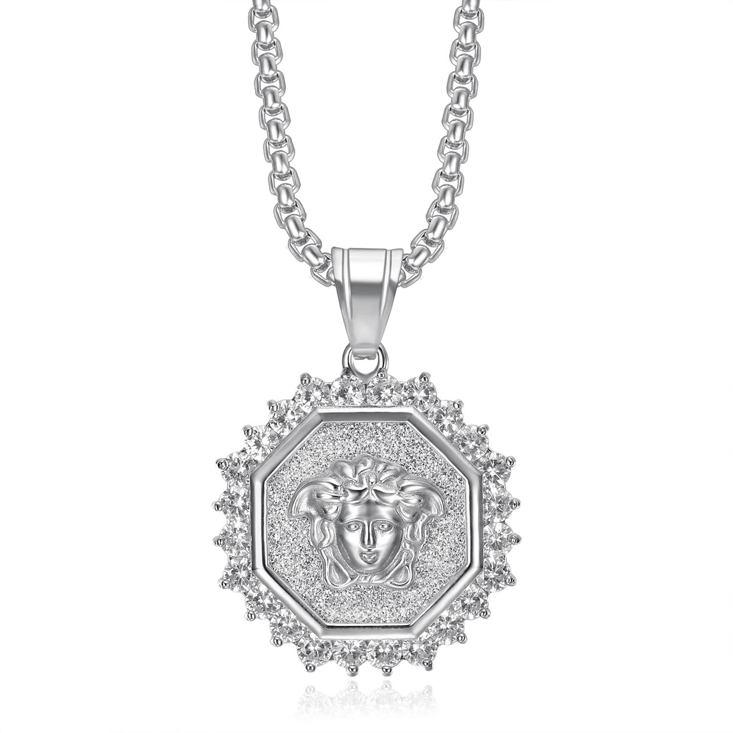 

2026 Jewelry Fashion Trend Inlaid Zircon Hexagonal Full Diamond Greek Mythology Pendant Necklace Men s Jewelry Accessories 60CM