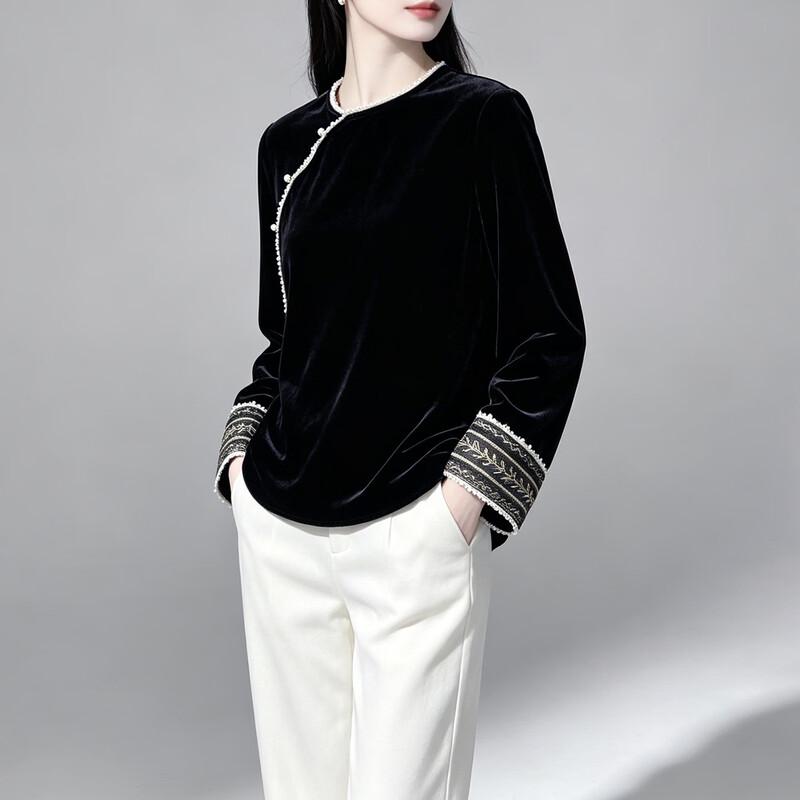 Neue chinesische Stil Maulbeerseide Samt Bluse