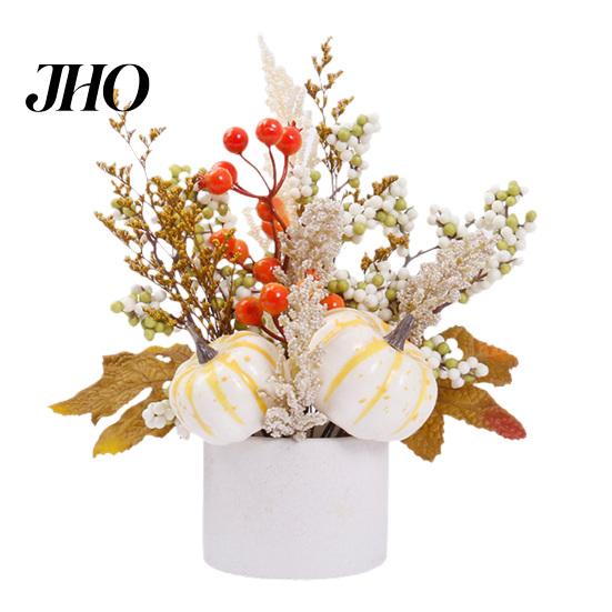 Stable Base Tabletop Decor Fall Pumpkin Flower Arrangement, Artificial Maple Berry Potted Plant Simulation Dried Flowers Arrangement for Thanksgiving,