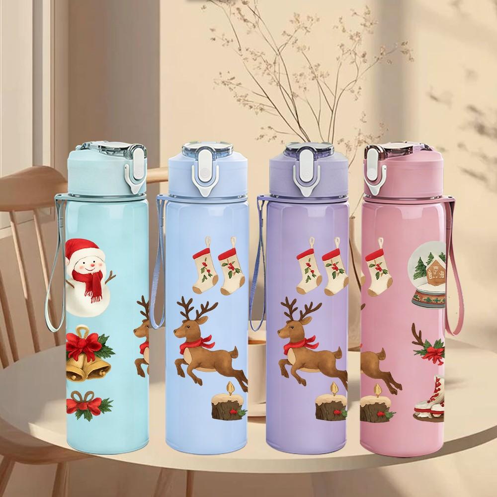1PC Christmas Santa Deer Pattern 750ml Color Plastic Sports Water Bottle Leakproof Flip Straw Lid Suitable for Sports Office Home Use