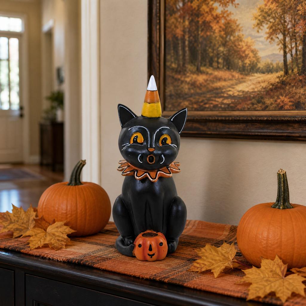 Halloween Cat Figurine Sitting with Pumpkin and Candy Corn Hat Decorative Resin Statue for Seasonal Tabletop Display and Home Decor