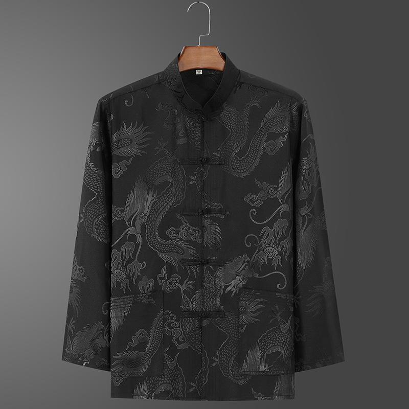 Ice Silk Tang Suit Long-Sleeved Shirt: Men's Chinese-Style Spring/Autumn Dress for Middle-Aged and Elderly