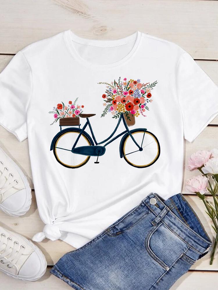 Maycaur Women Fashion Casual Tops Flower Bicycle Print TShirt Women T Shirt O Neck Short Sleeve Tees Summer Women Tshirts
