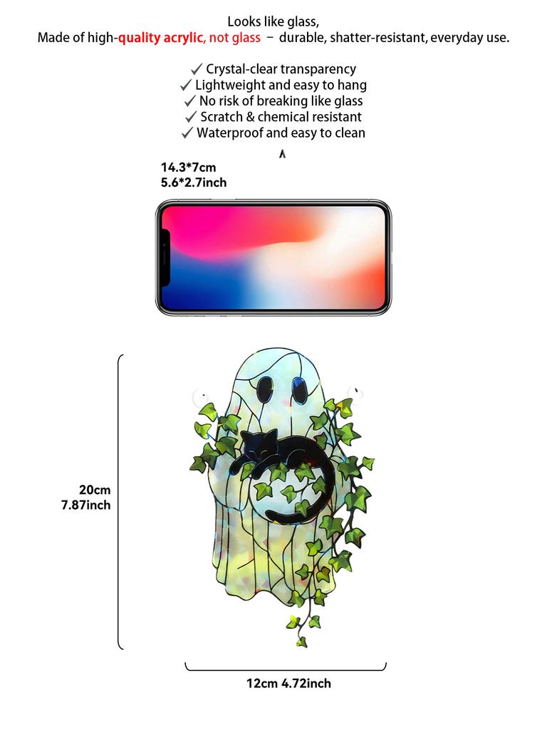Cute Halloween Ghost Hanging Decor Window Ornament Acrylic Suncatcher with Black Cat & Green Leaf Wall Pendant for Home & Party